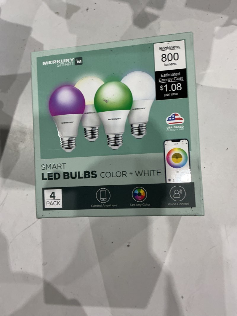 Condition photo showing New/Like New for merkury smart led bulbs - 9w (60w eqv) rgbw dimmable a19 light, e26 base (4-pack)
