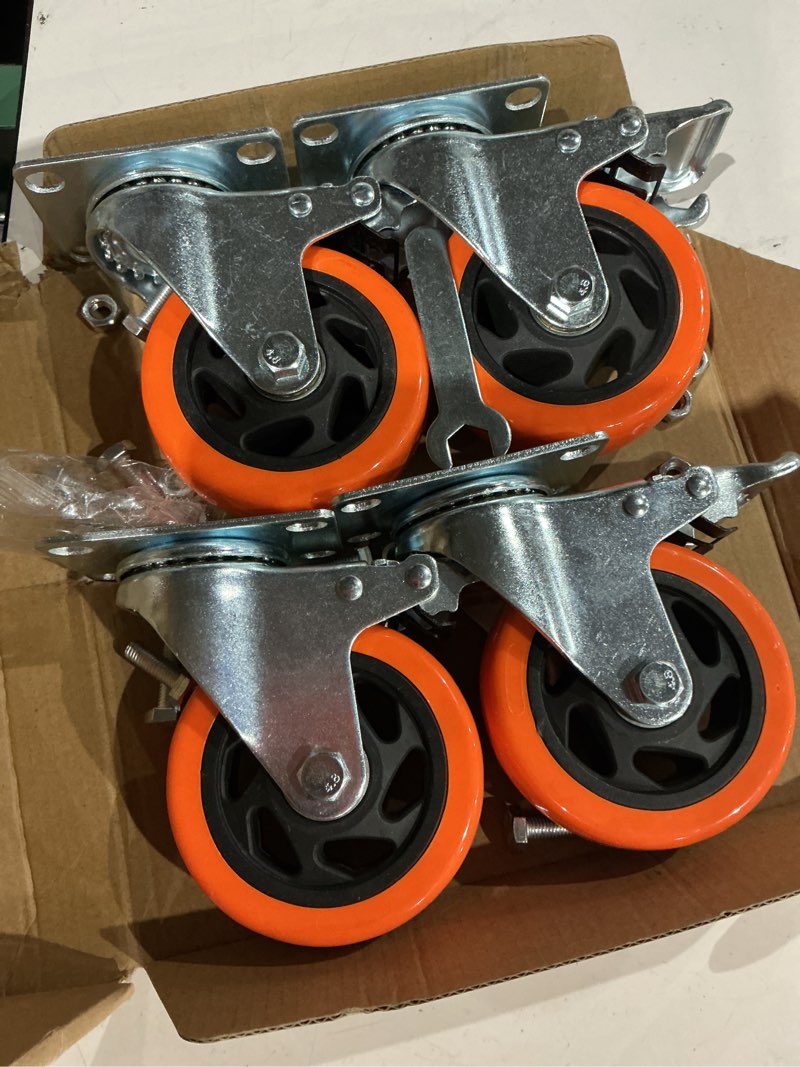 Condition photo showing As Is for w b d weibida 4 inch swivel casters with brake set of 4 heavy duty of 1200 lbs, safety dual locking plate castors, no noise wheels for furniture, workbench and carts(nuts & bolts & 2 spanners) 4 inch (4 pack)