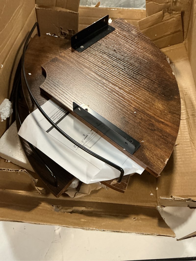 Condition photo showing As Is for Corner Floating Shelves, Rustic Brown Wood, Set of 2, Wall Mount Storage with Guardrail for Bathroom Kitchen Living Room (Black) Black-2pack