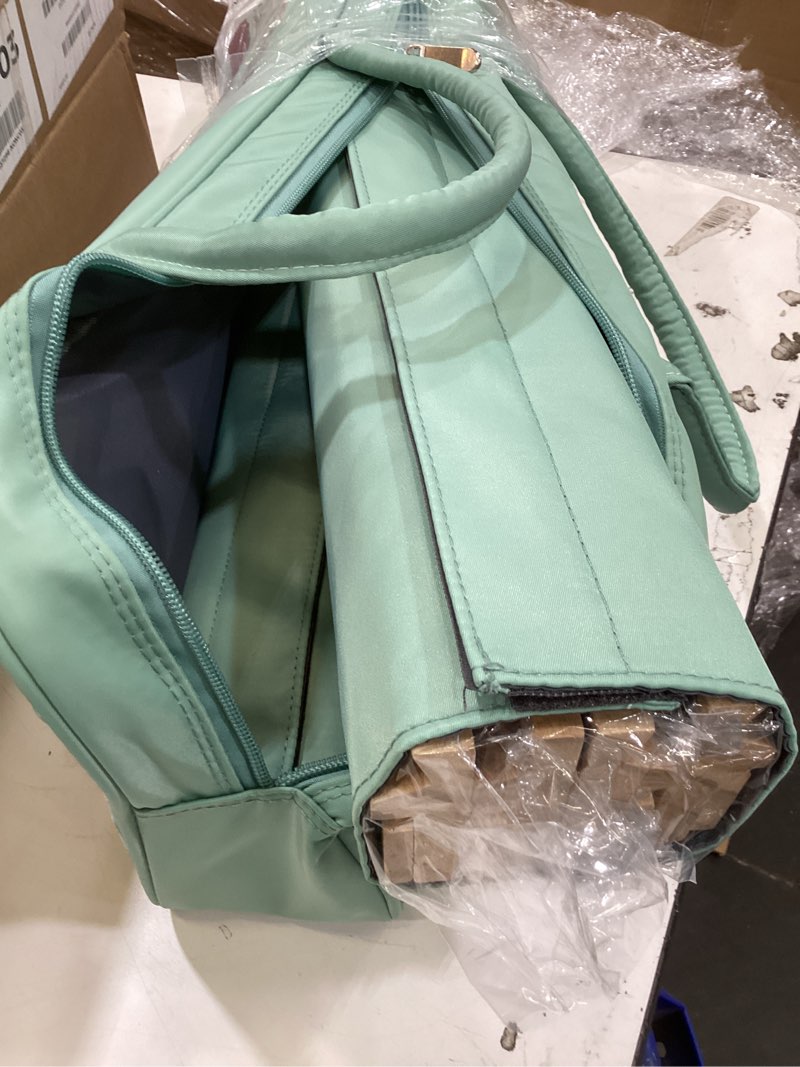 Condition photo showing Good Condition for yellow mountain imports american mahjong set, celadon koi with mint green fabric case - four wooden all-in-one racks with pushers, wright patterson scoring coins, dice, and wind indicator multicolored