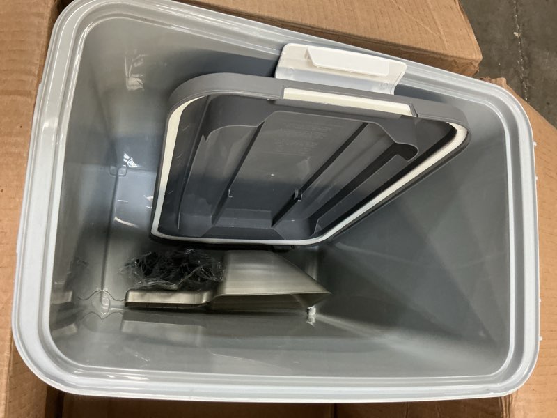 Condition photo showing As Is for IRIS USA Dog Food Storage Container with Wheels, Airtight Lid, 2-Cup Scoop, Up to 40 Pounds Pet Food Storage, Built in Scoop Storage in Lid, Versatile Pet Food Bin, Portable, BPA Free, Gray/Dark Gray 40 lbs Dark Gray