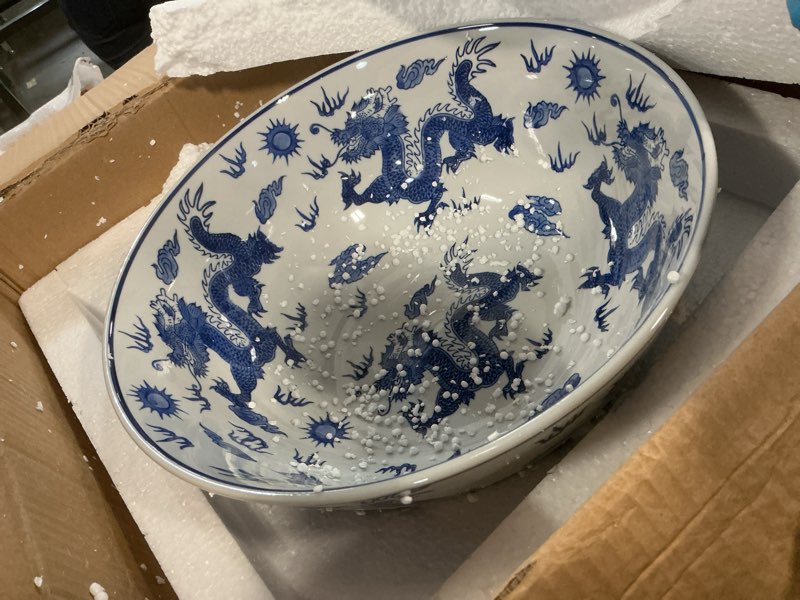 Condition photo showing Good Condition for red lantern 14" dragon blue & white porcelain bowl vase for centerpiece in kitchen dining living room bedroom with boho eclectic modern contemporary classic traditional style decor