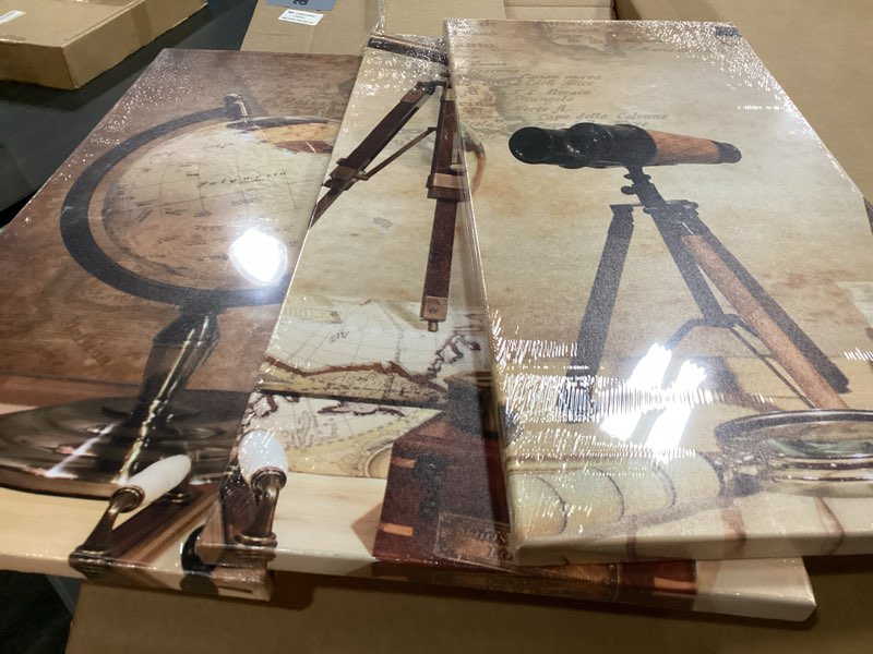 Condition photo showing New/Like New for nachic wall - large 3 piece canvas wall art ancient telescope compass globe picture prints vintage grunge still life with ancient map poster painting