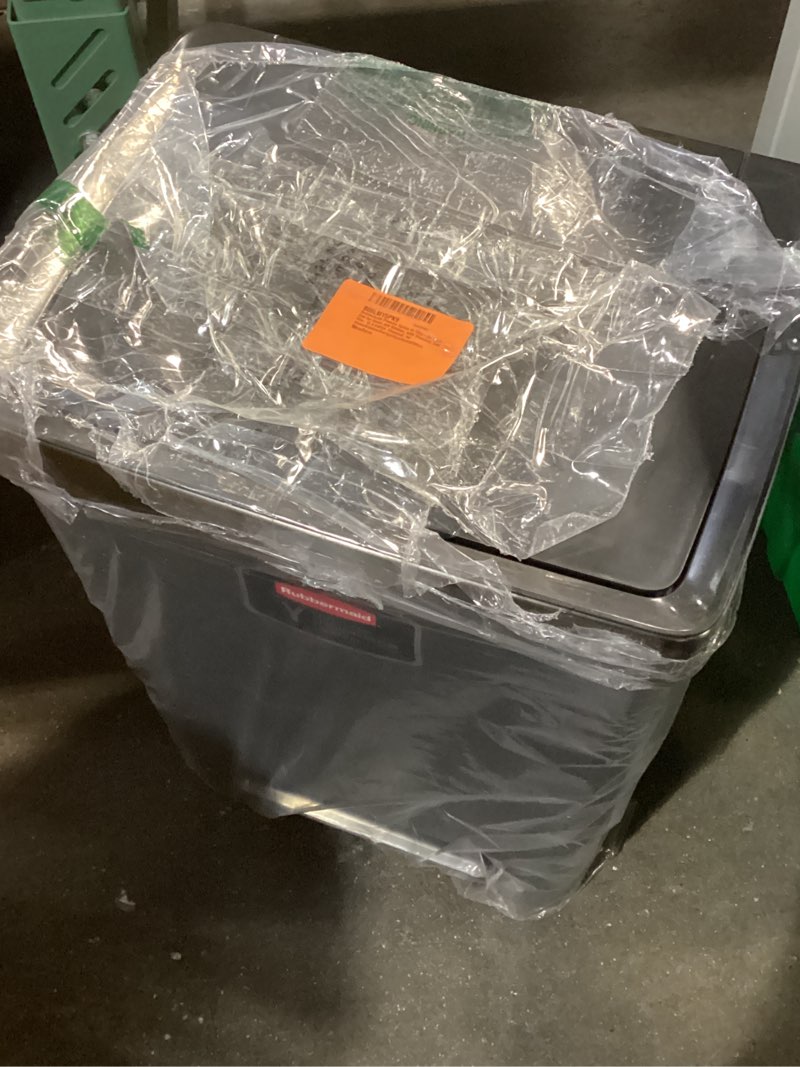 Condition photo showing Good Condition for rubbermaid premier series iii step-on trash can for home and kitchen, with stainless steel rim, 12.4 gallon, charcoal, for home/kitchen/garage/apartment/office metal rim, resin lid