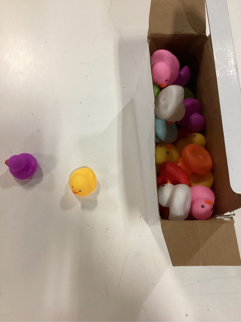 Condition photo showing As Is for sosation 36 packs mini rubber ducks with sunglasses sets 2.2 inch bath squeaky rubber duckies cute float bathtub toys for birthday party favors class carnival prizes car decor(multicolored) multicolored solid