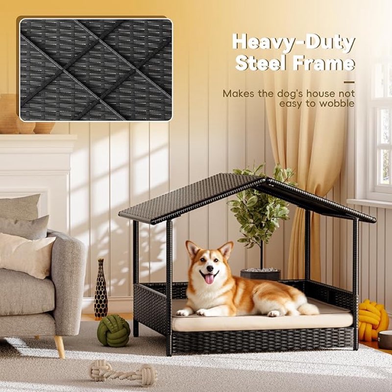 Greesum Wicker Dog House for Small/Medium Dogs, Outdoor Indoor Elevated Dog Shelter Dog Bed with Cushion, for Deck, Patio, Yard, Pool, Black House