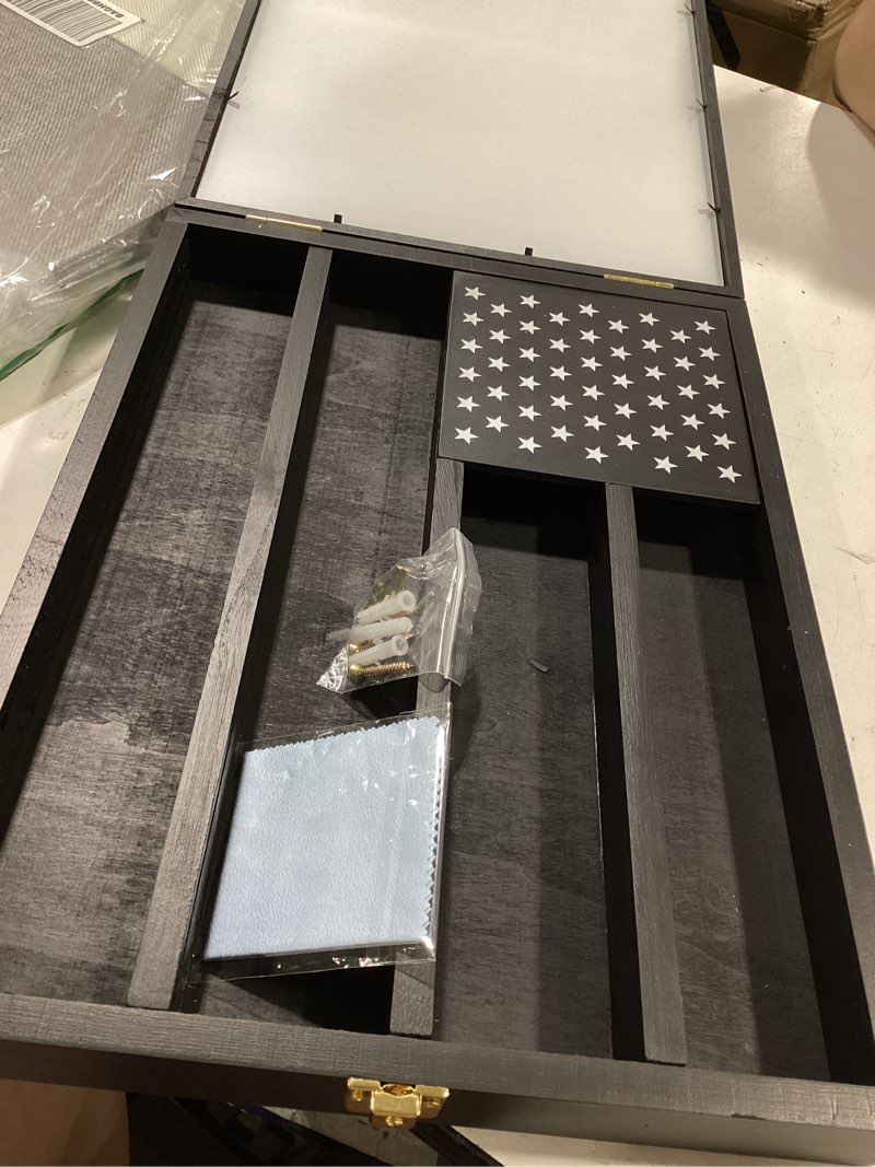 Condition photo showing Good Condition for military challenge coin display case 16 x 12 in, wooden american flag shadow box with anti-dust uhd acrylic door, gold-antitheft lock & wall mount, gift for collectors (black large)