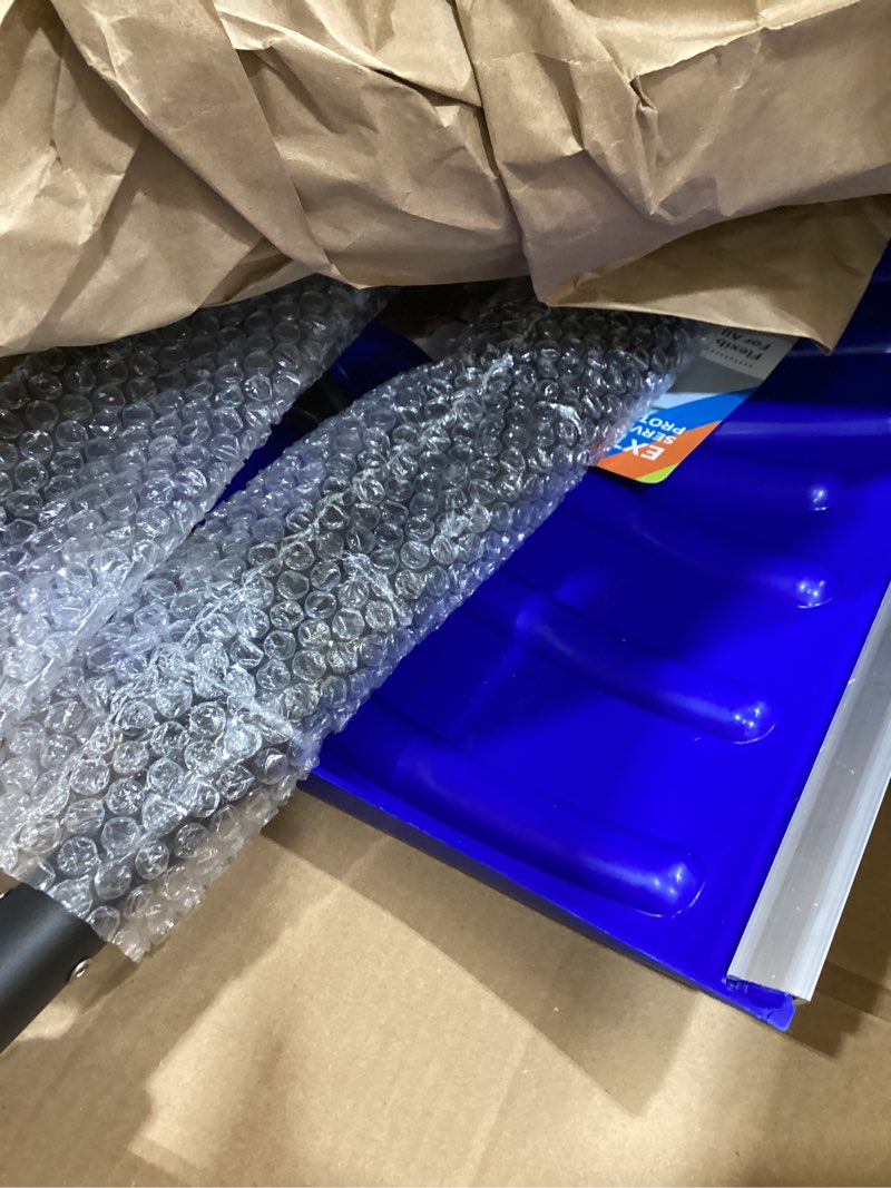 Condition photo showing As Is for snow shovel with d-ring handle, 18 inch blade, lightweight steel handle, 4.5lbs ergonomic design for driveway, walkway, patio snow removal, portable shovels for yard, garden & camping, blue & black