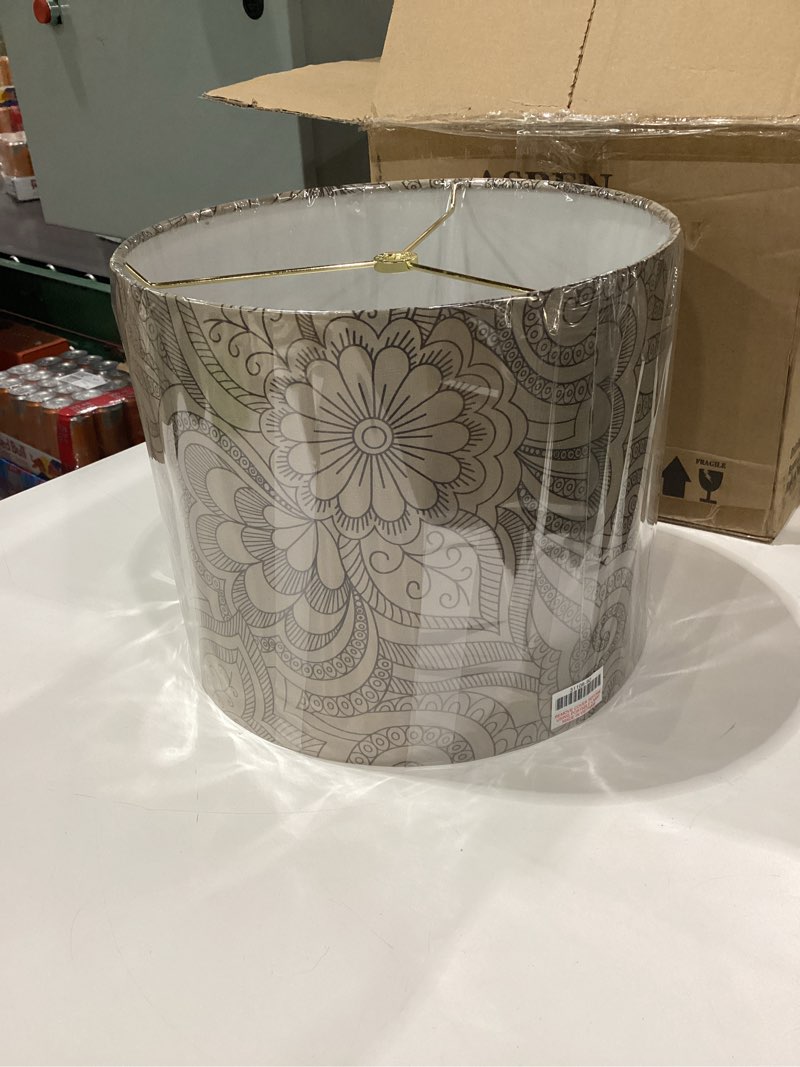 Condition photo showing Good Condition for Aspen Creative 31108 Transitional Drum (Cylinder) Shaped Spider Construction Lamp Shade in Beige With Black Floral Design, 12" Wide (12" x 12" x 10")