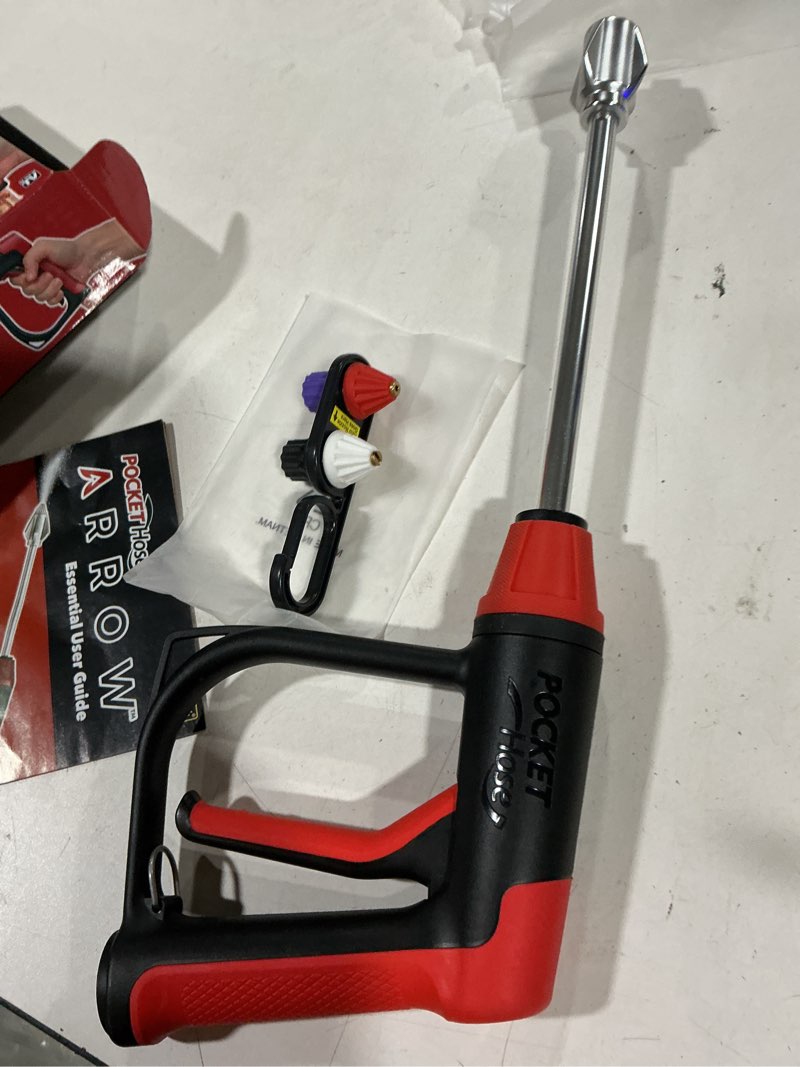 Condition photo showing As Is for pocket hose arrow customizable spray nozzle, as seen on tv | flow force tech, 4 precision tips, jet stream to gentle watering, rust-resistant, non-slip grip, ideal for car wash