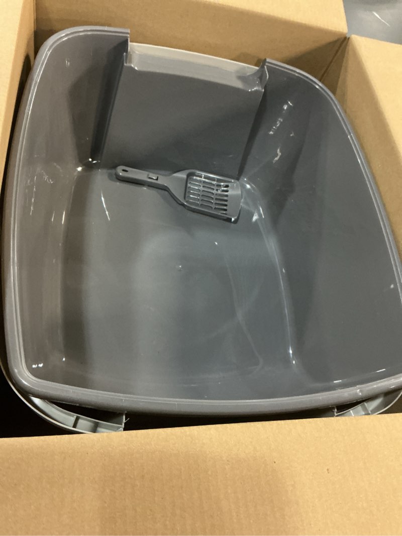 Condition photo showing Good Condition for IRIS USA Cat Litter Box, Large Litter Box Enclosure with Front Door Flap and Scoop, Covered Kitty Litter Box with Handle and Buckles for Portability and Privacy, Gray