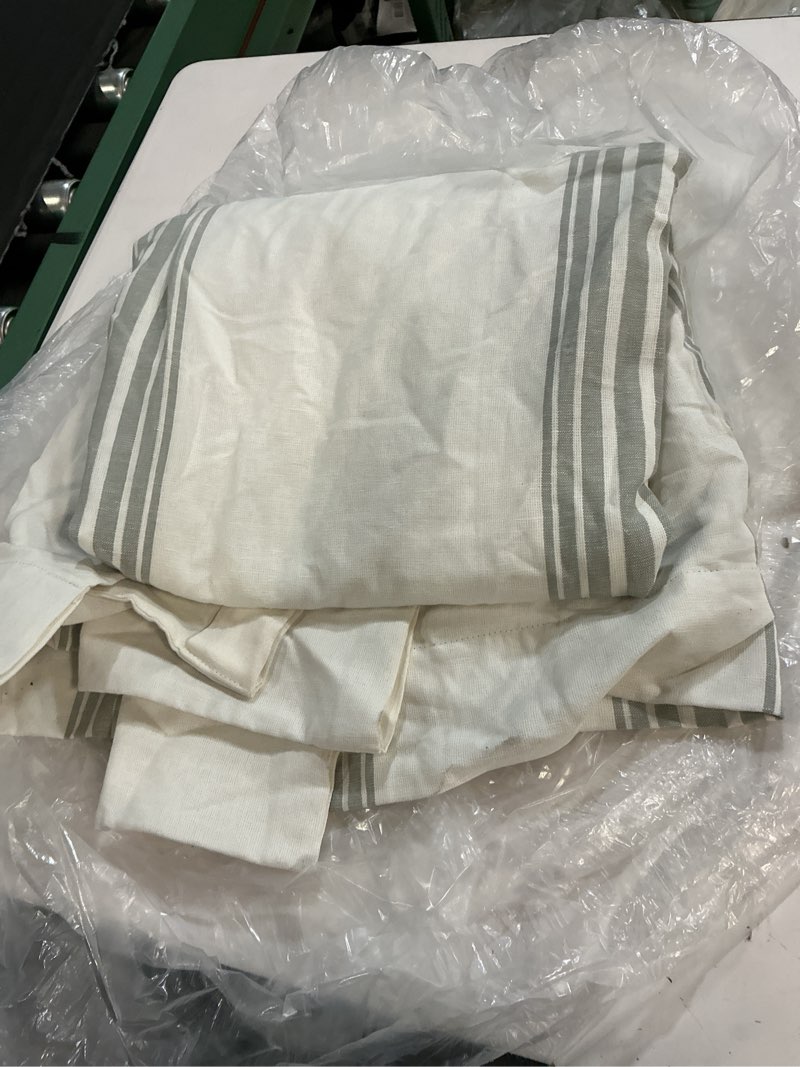 Condition photo showing Good Condition for coastal stripe linen cotton true blackout curtain - single panel, 48x96, ivory/sage green