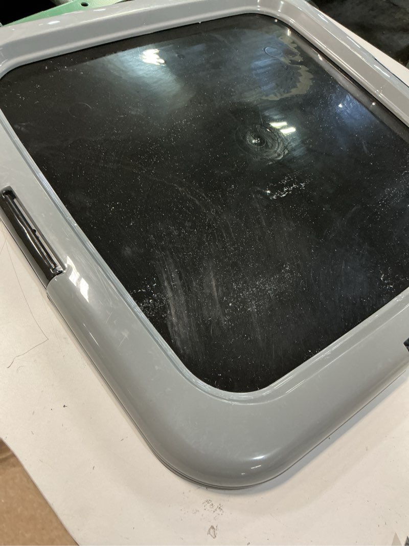 Condition photo showing As Is for IRIS USA Pee Pad Holder - for Regular Sized Dog and Puppy Pee Pads, Secured Latches, Non-Skid Feet, High Polish Finish for Easy Cleaning, Leak Protection, Fits 22"x22" Pad or Larger, Black/Gray Regular Black/Dark Gray