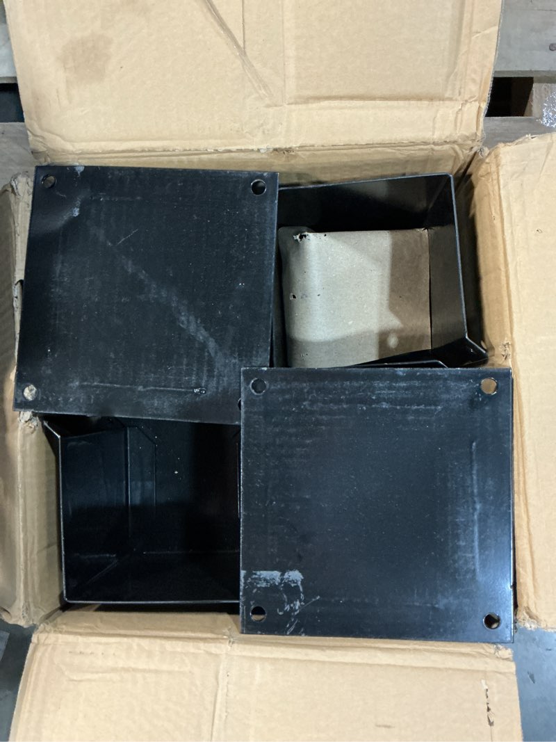 Condition photo showing Good Condition for 6x6 inches wood posts base cover, inner size 5.5"x5.5", 4 pack fence post support square black metal brackets, bolt down post base bracket for anchor fences, carport, pergola