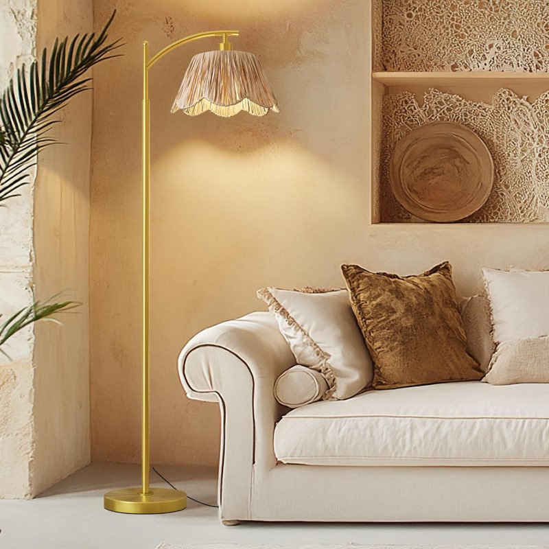 Oneach Arc Floor Lamp For Living Room,Rattan Boho Floor Lamp With Hand-Woven Wicker Shade, Foot Switch,Gold Metal Base & Pole,Fa