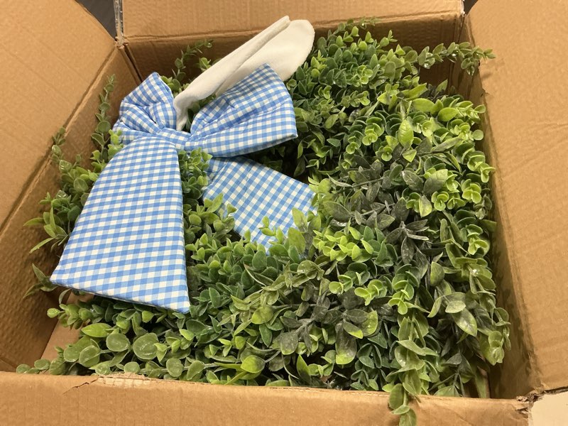 Condition photo showing Good Condition for 24" easter wreath for front door, artificial green boxwood spring wreath with bunny ears & blue plaid bow, spring easter outdoor/indoor decor for home farmhouse office porch wall mantel window