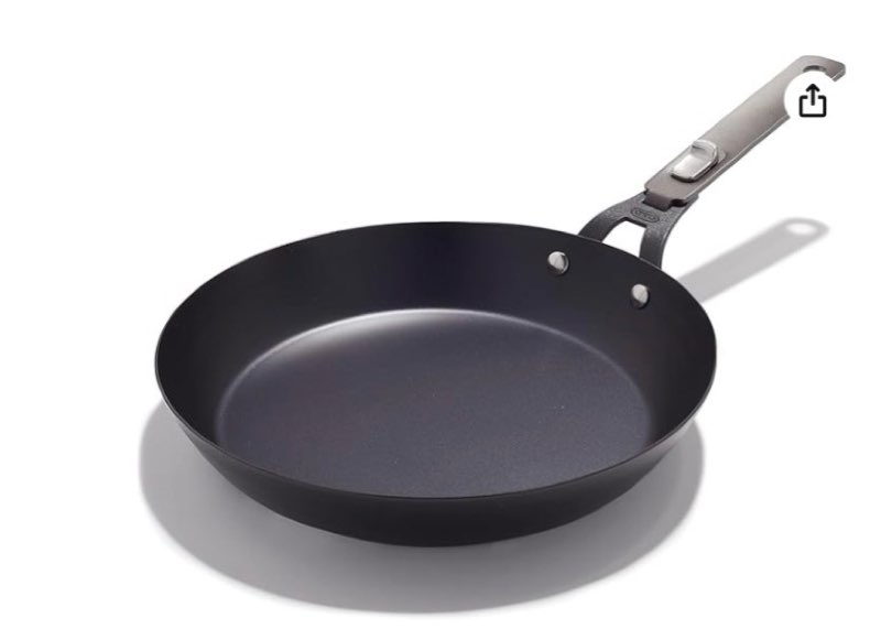 OXO Outdoor Pre-Seasoned Carbon Steel 12" Frying Pan Skillet, Detachable Handle for Easy Storage, In
