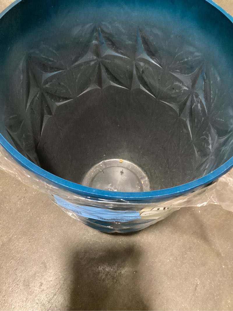 Condition photo showing As Is for allen + roth round blue recycled plastic indoor/outdoor planter