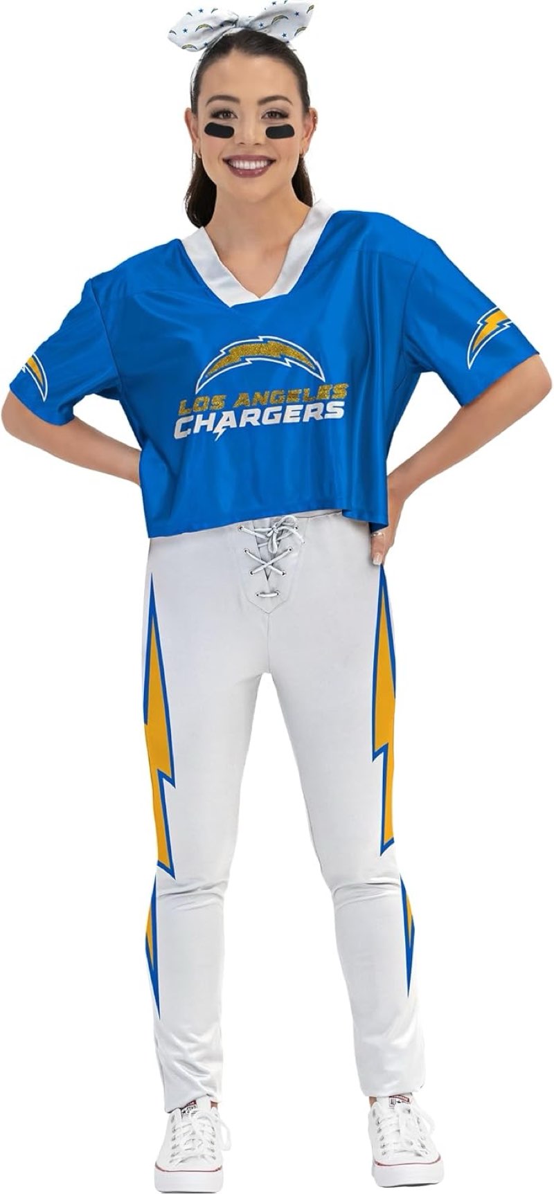 NFL Officially Licensed Los Angeles Chargers Adult Dazzle Skimmer Shirt, Lace-Up Detail Leggings, Ba