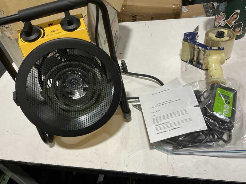 Condition photo showing As Is for greenhouse heater with digital thermostat, 1500w electric outdoor heaters for patio, fast heating, overheat protection, dustproof design for grow tent, green house, flower room, yellow-black