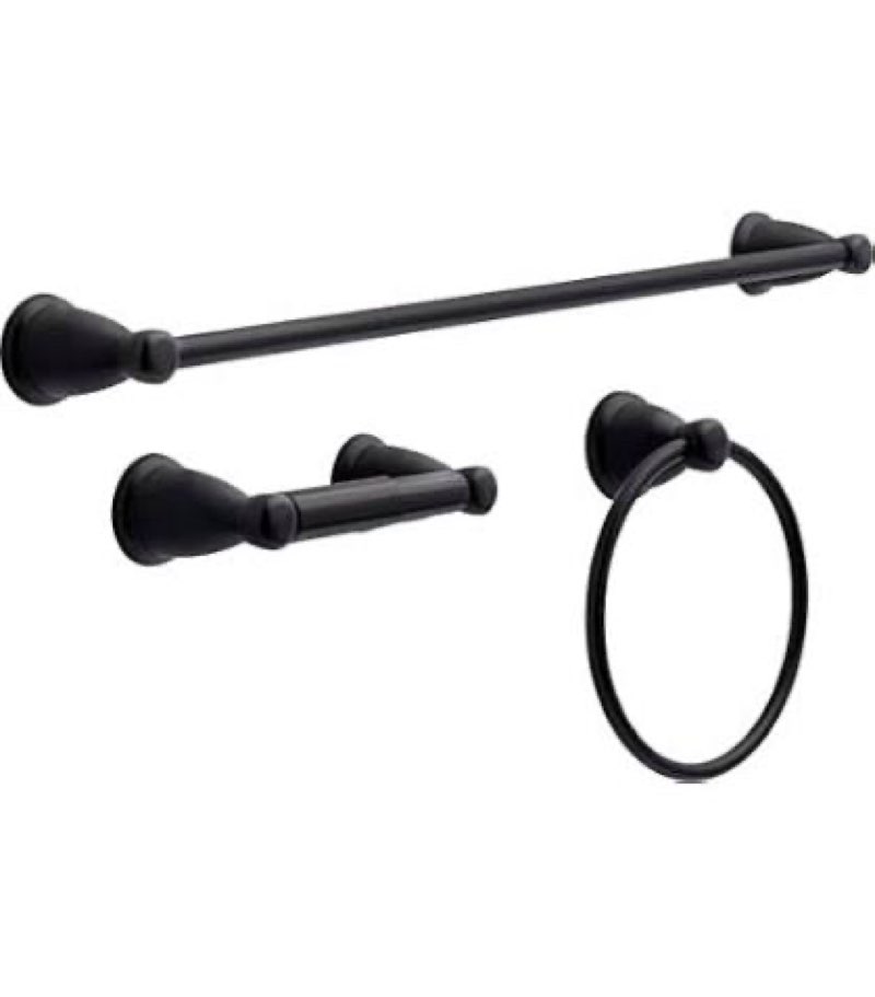 franklin brass kinla 3-piece bathroom set matte black 24\" towel bar rack, toilet paper holder, ring