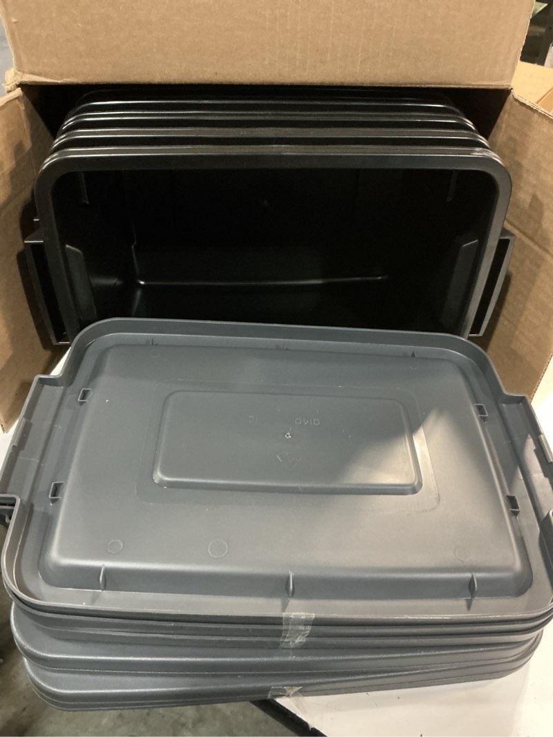 Condition photo showing Good Condition for rubbermaid 6-pack heavy duty durable 3 gal totes for storage with snap lids and handles, plastic storage bins stackable black gray for home and garage (3 gal - 6 pack solid black and grey)