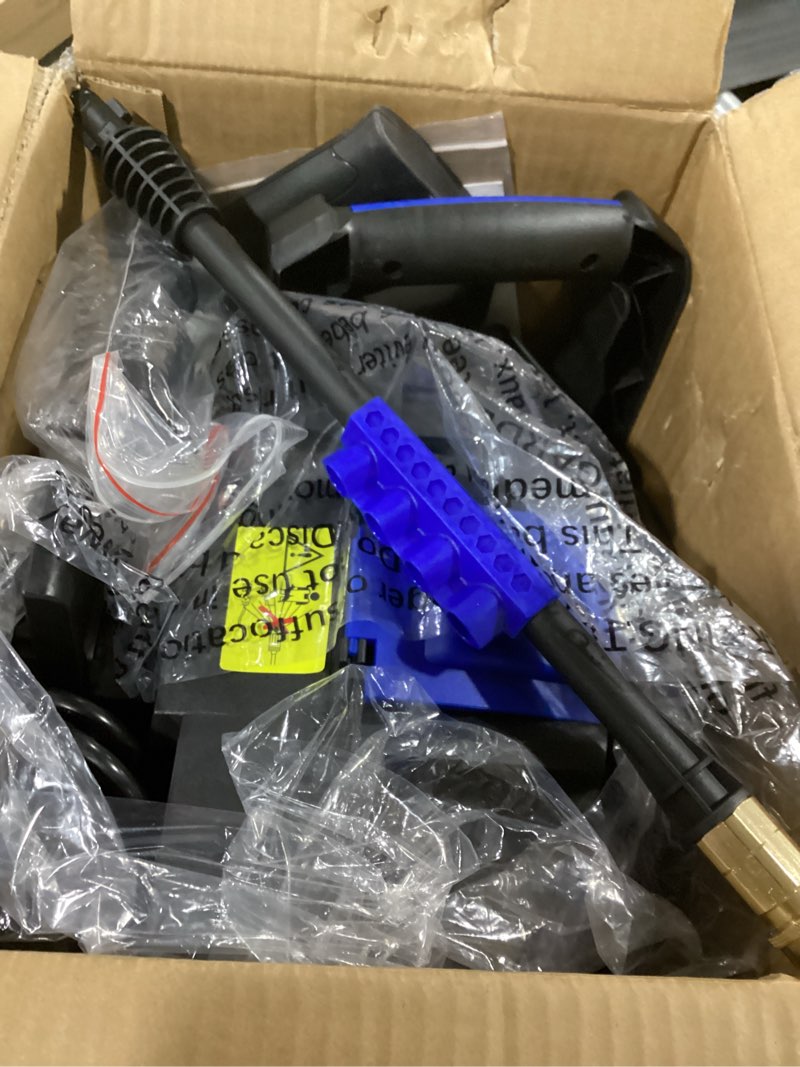 Condition photo showing New/Like New for pressure washer, power washer with 4 nozzles and foam cannon, high pressure cleaning machine for cars, driveways, fences, patios, home cleaning light blue