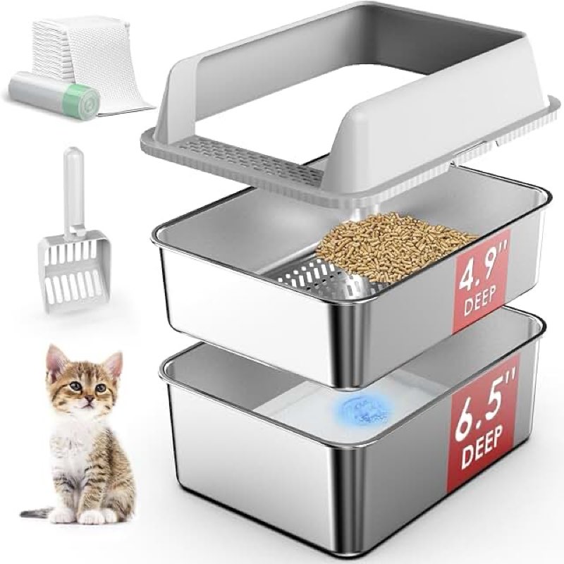 Stainless Steel Litter Box with Lid, Sifting Litter Box for Pine Pellets, 17.3”×13.4”×10.5” Enclosed Metal Litter Boxes for Small Cats & Kittens, High Sided Anti-Leakage, Easy Cleaning, Less Tracking