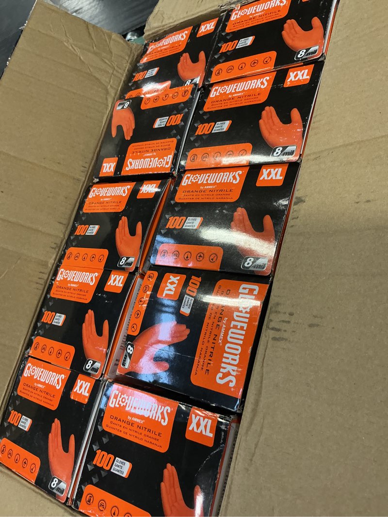 Condition photo showing Good Condition for (Similar photo)Gloveworks Orange Nitrile Work Gloves 8 Mil Disposable Heavy Duty Raised Diamond Grip, Mechanic Glov