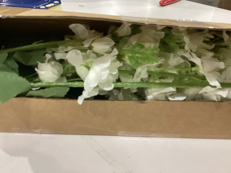 Condition photo showing As Is for 8 pcs White Delphinium Artificial Flowers, 34.25''Artificial Snapdragon Flowers Tall Fake Flowers Silk Flowers Faux Delphinium Bulk for Tall Vase Home Wedding Garden Table Decor (White)