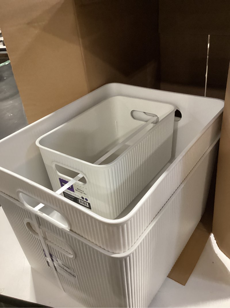 Condition photo showing Good Condition for superio ribbed collection - decorative plastic basket open home storage bins organizer, blue (set of 3) 1 x-large, 1 large, 1 medium - container boxes for organizing closet storage bins for shelves bins - xl l m (3 set) white