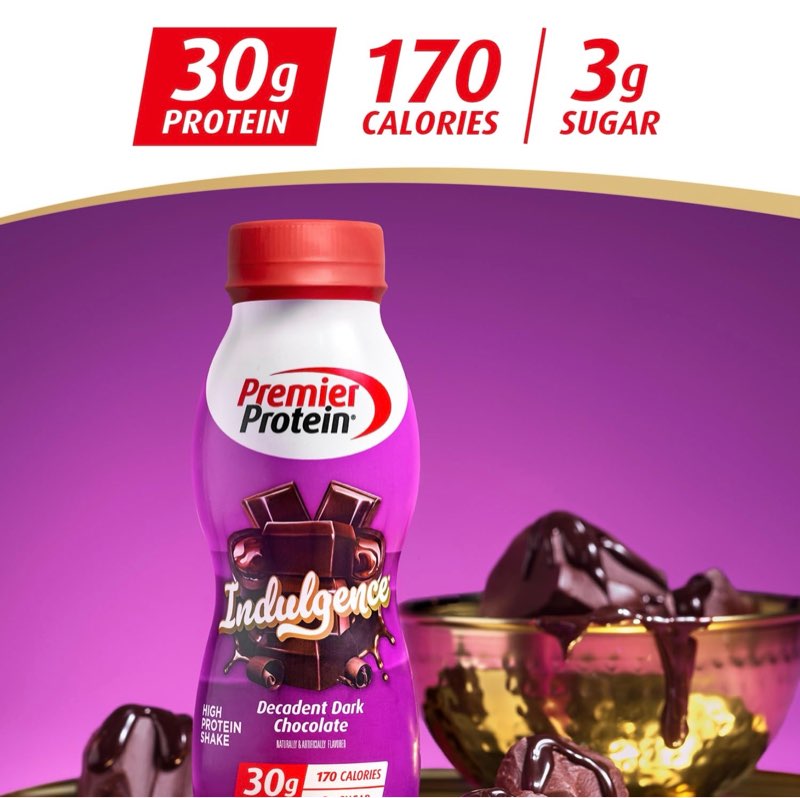 premier protein shake indulgence, decadent dark chocolate, 30g protein, 170 calories, 3g sugar, 11.5 fl oz, 12 pack (packaging may vary) decadent dark chocolate 11.5 fl oz (pack of 12) ( bb 19/feb / 2026) 