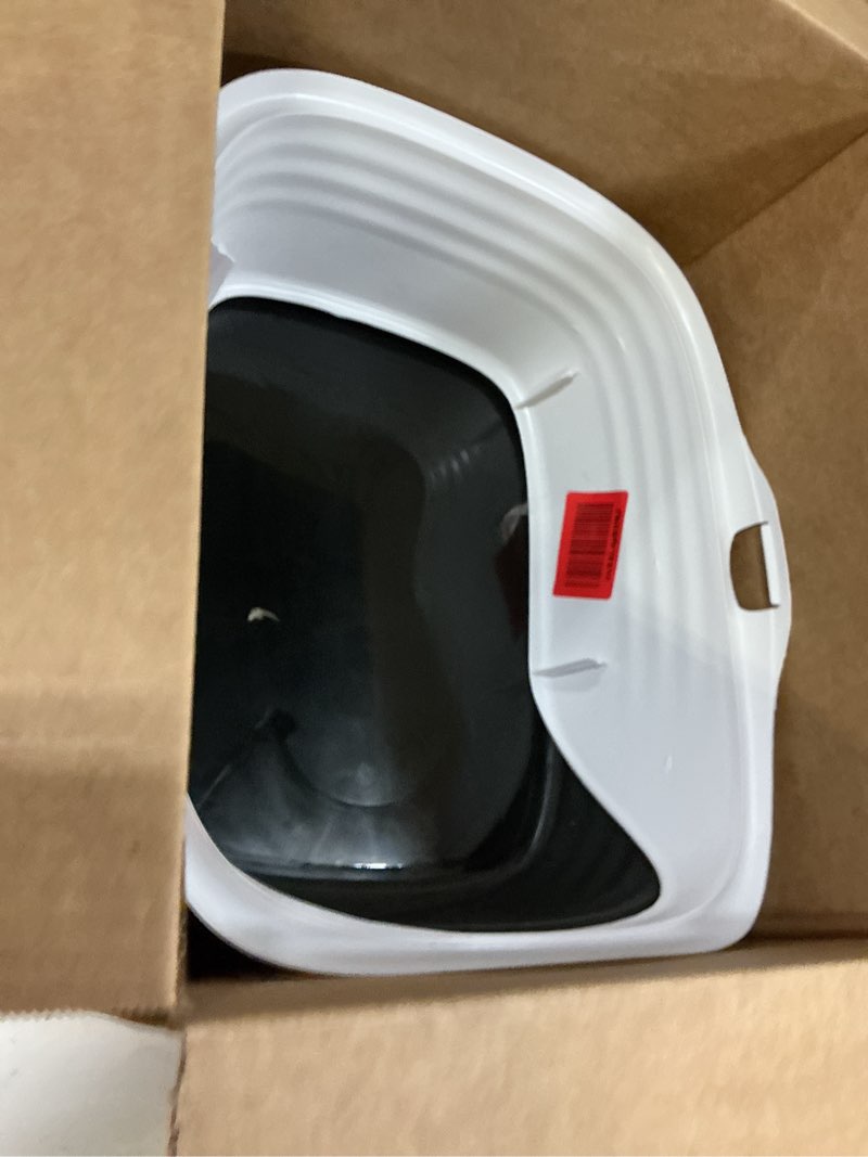 Condition photo showing New/Like New for arm & hammer rimmed cat litter box with high sides and microban, made in usa pearl white/ dark gray standard