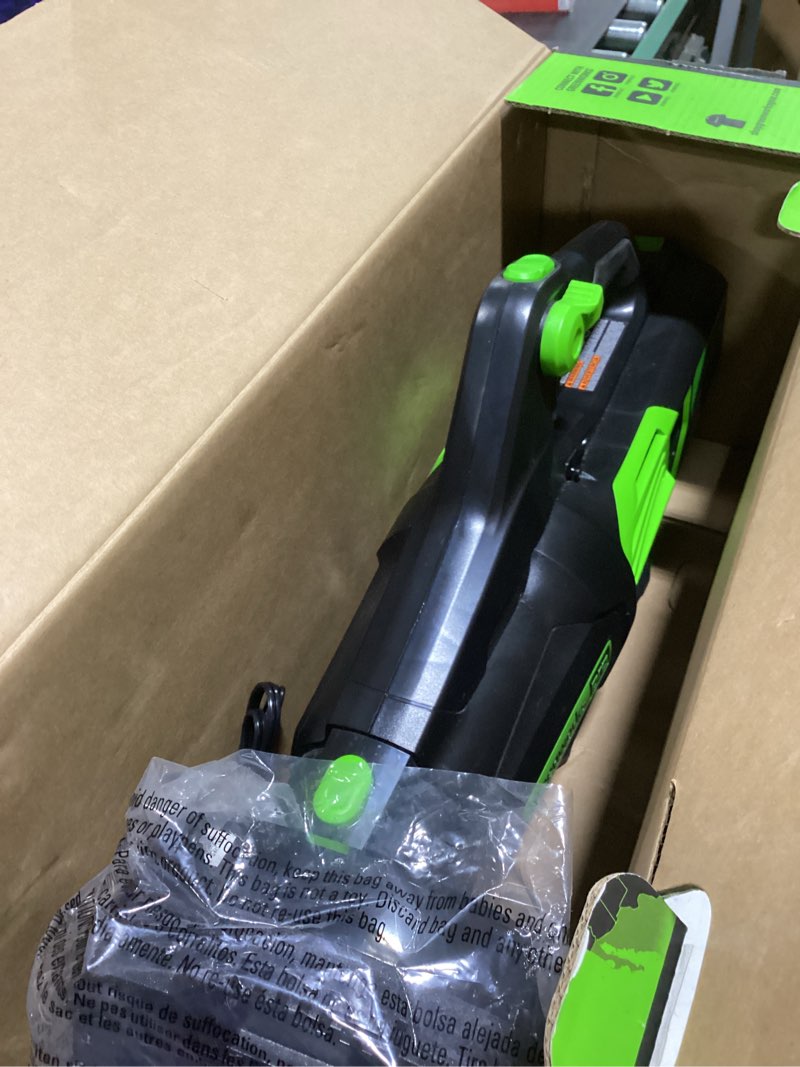 Condition photo showing As Is for Greenworks 60V 700 CFM Brushless Leaf Blower, 5.0 Ah Battery and Rapid Charger Blower (700 CFM), 4.0Ah