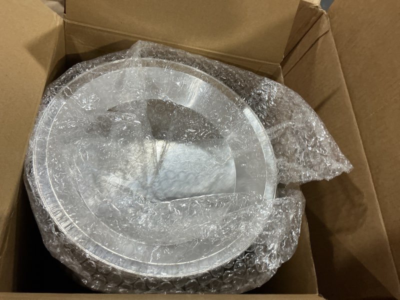 Condition photo showing As Is for 50 Pack 9 Inch Heavy Duty Aluminum Pie Tins Bulk with Lid, Oven and Freezer Safe Disposable Pie Pizza Pan Dessert Baking Cups Ideal for Restaurants Bakeries Christmas Party Supplies (Silver) Silver 50