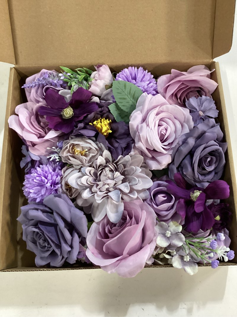 Condition photo showing New/Like New for Artificial Flower Purple Combo Box Set Fake Rose Dahlia for DIY Wedding Center Bouquet Bride Baby Shower Party Tables Decoration Floral Arrangements. Lavender & Dark Purple