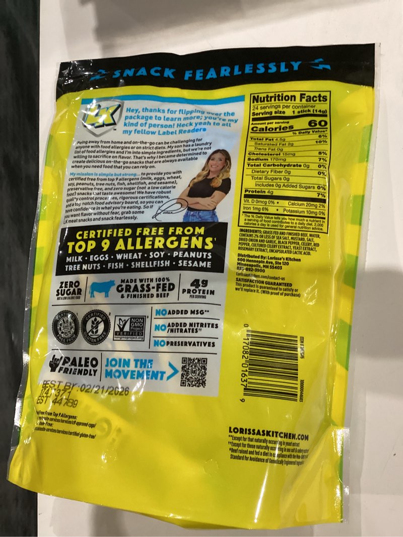 Condition photo showing New/Like New for Lorissa's Kitchen Beef Jerky Mini Sticks, Premium Grass Fed & Finished, Original Smoke Show Flavor - 4g Protein, On the Go Snacks, Free from Top 9 Allergens, Non-GMO, Gluten-Free, 0.5 Oz (24 Count)