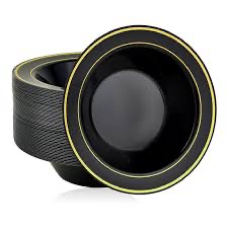 JOLLY PARTY 100PCS Black Plastic Bowls with Gold Rim-12oz Disposable Soup Bowls, Christmas Thanksgiv