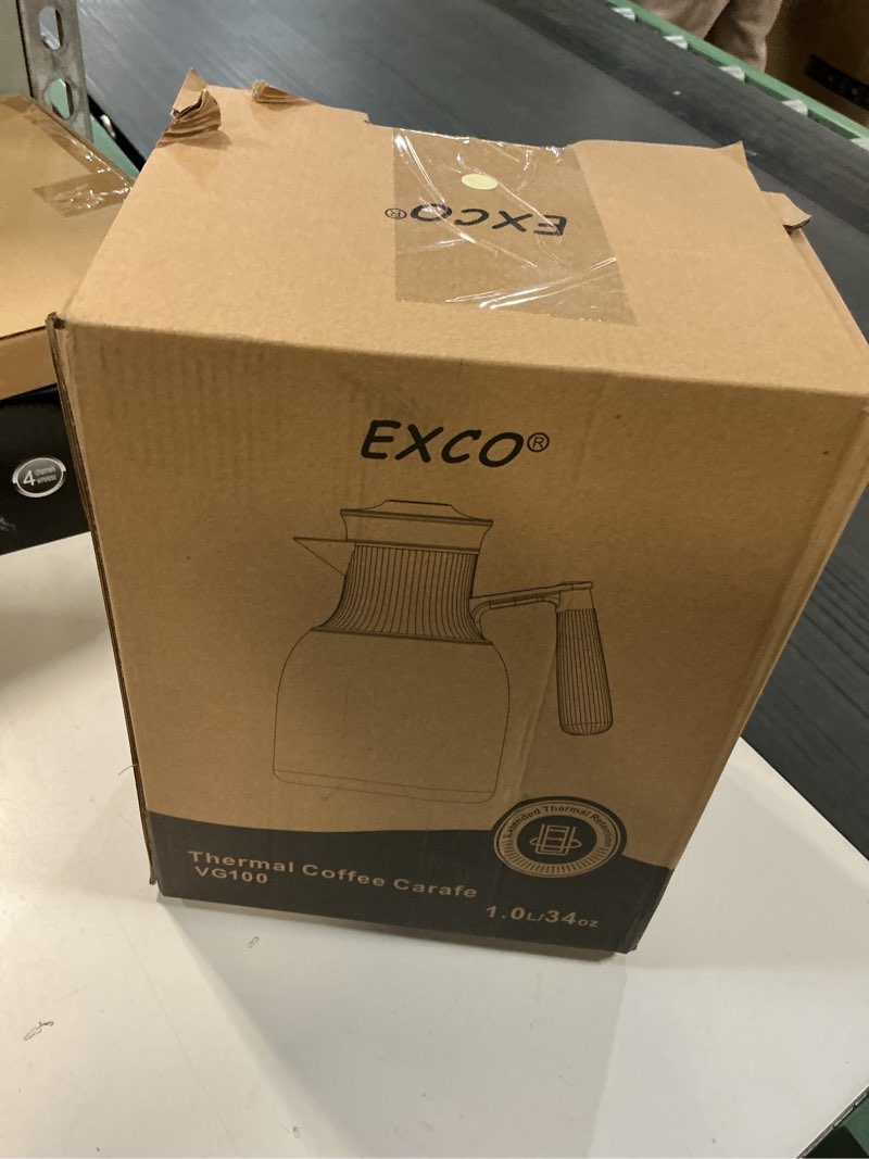Condition photo showing New/Like New for EXCO 1.0L/34Oz Premium Thermal Coffee Carafe, Glass Lined Insulated Carafes for Keeping Hot, Elegant Coffee Tea Pot Vacuum Termos, Drink Beverage Dispensers, 12H Heat 24H Cold (Kahki+Wood Color)