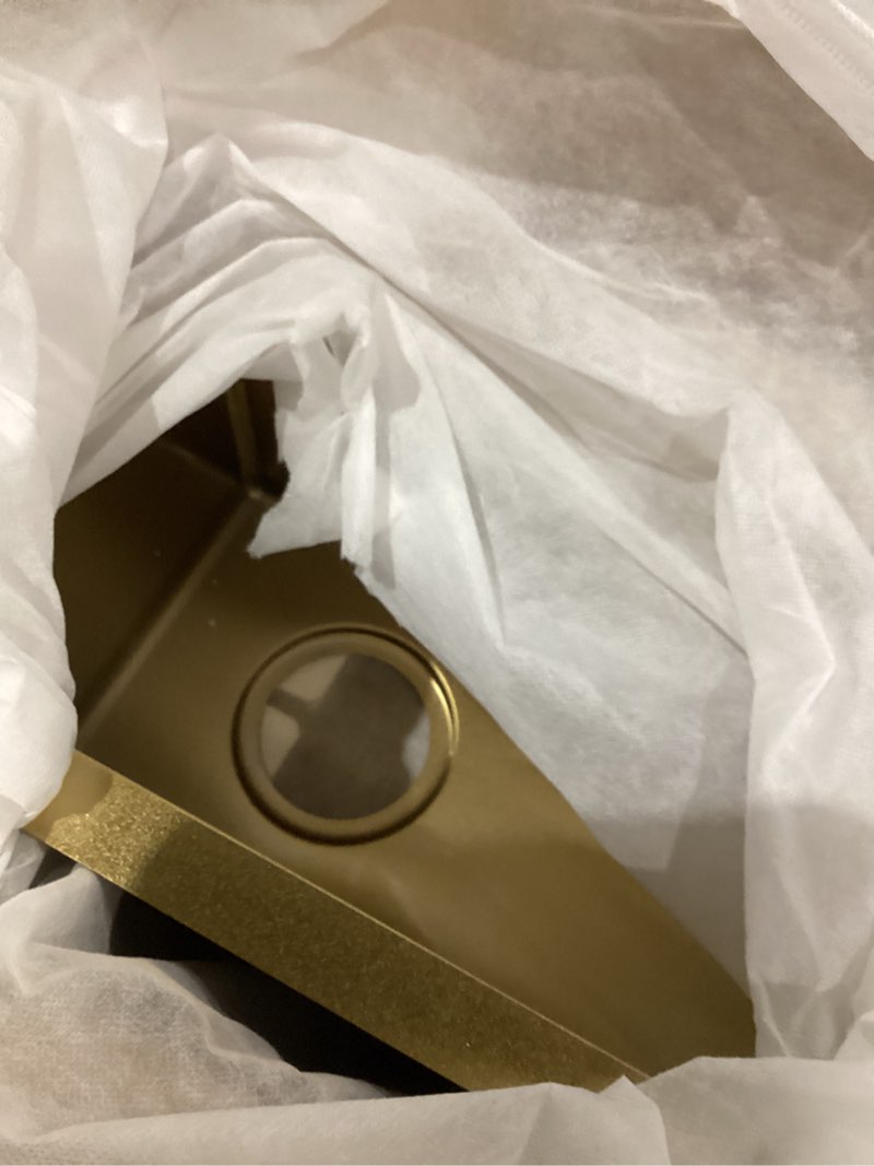Condition photo showing As Is for Gold Wet Bar Sink, 10 x 18 Inch Stainless Steel Small Undermount Kitchen Bar Sink 16 Gauge Single Bowl with Grid and Drain Strainer Brushed Gold 10"x18"x10"
