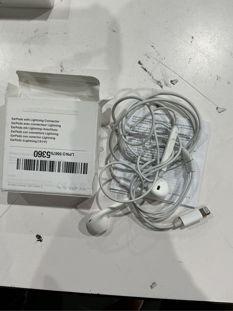 Condition photo showing As Is for apple earpods headphones with lightning connector, wired ear buds for iphone with built-in remote to control music, phone calls, and volume one size lightning
