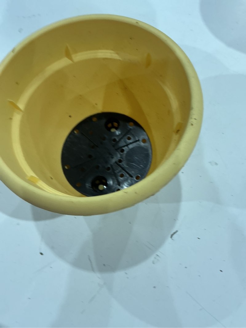 Condition photo showing As Is for bloem round 6.5-in w small yellow plastic indoor/outdoor planter with drainage holes self watering
