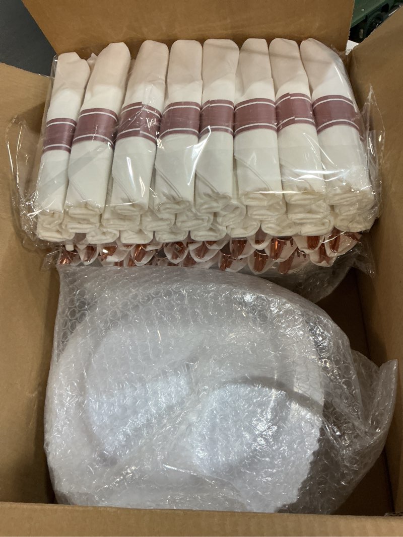 Condition photo showing New/Like New for 350pcs rose gold plastic plates for 50 guests, disposable dinnerware sets include 100 rose gold rim plastic plates, 50 silverware and cups, 50 pre rolled napkins for party, and graduation rose gold 50 guests set