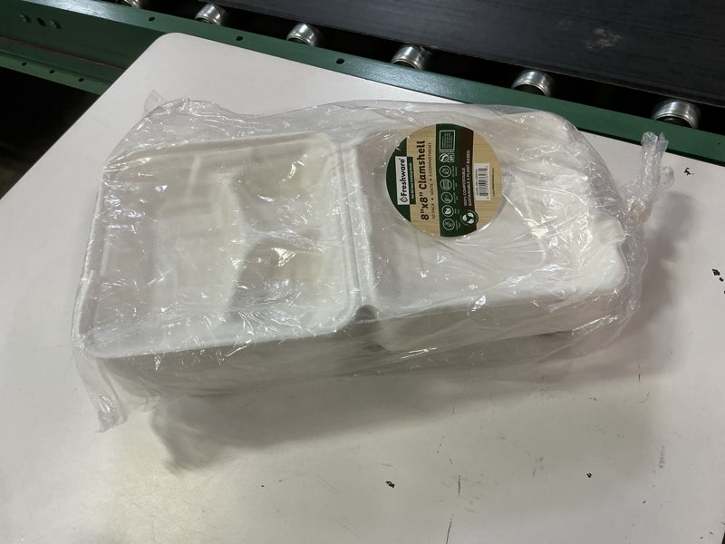 Condition photo showing Good Condition for freshware compostable clamshell food containers [8x8"] 3-compartment 50-pack, disposable containers, biodegradable sugarcane to go boxes - paper food containers - microwave & freezer safe, stackable 8 x 8 inch [50 pack]