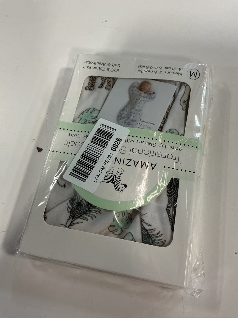 Condition photo showing New/Like New for Amazing Baby Transitional Swaddle Sack with Arms Up Half-Length Sleeves and Mitten Cuffs, Medium, 3-6 months, 14-21 lbs, Tiny Elephants, Sterling (Arms Up Swaddle, Transition Swaddle Sleep Sack) Sterling Tiny Elephants Medium (14-21 Pound)
