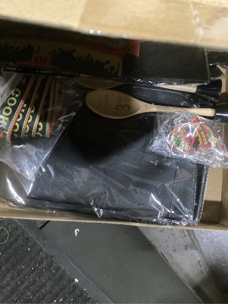 Condition photo showing Good Condition for Quelay 12 Pcs Chili Cook Off Prizes Include 3 Cook Off Trophy 3 Wooden 1st 2nd 3rd Engraved Spoon 3 Kitchen Cooking Aprons 3 Chili Keyring for Men Woman Winner Medals Award Ceremony Decorations