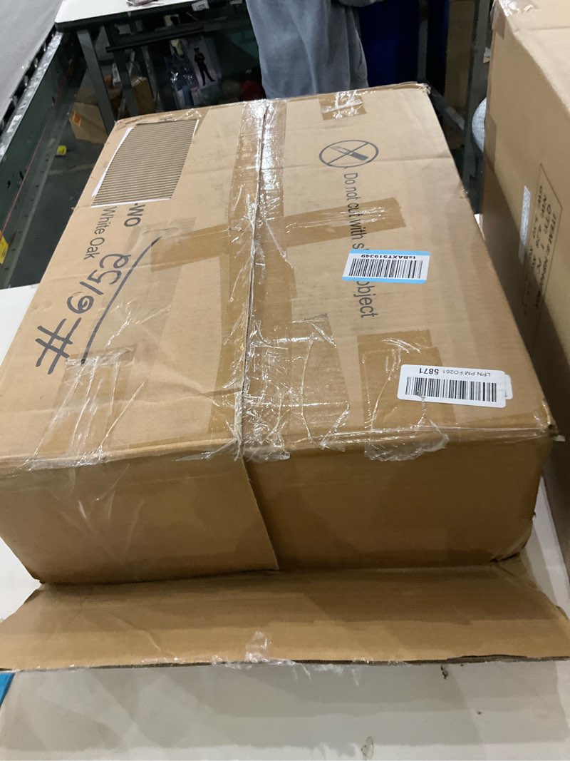 Condition photo showing As Is for Furnulem Nightstand with Charging Station, Accent Night Stand with 2 Drawers and Storage Shelf, Slide Drawer Bedside Table for Bedroom, Natural Oak Thick Wood and Sturdy Rattan