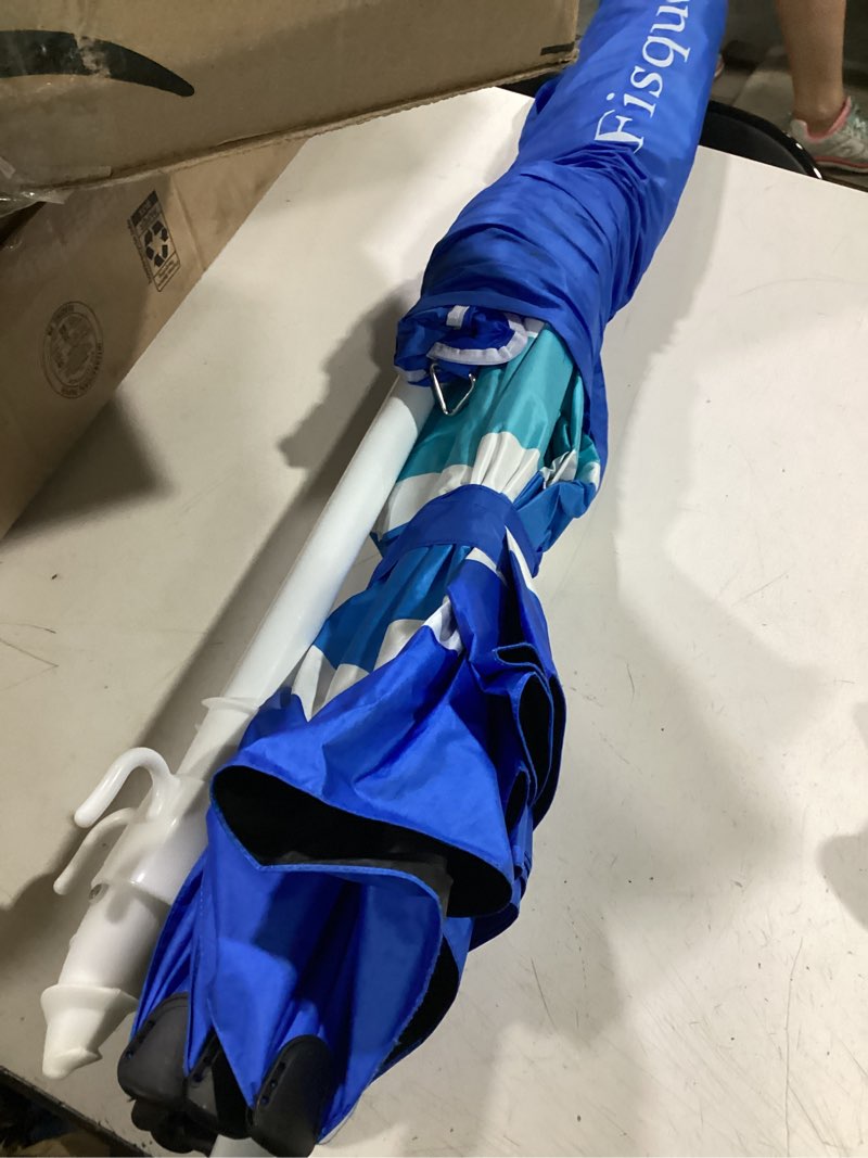 Condition photo showing Good Condition for fisqueen 8ft large beach umbrella with level 7 wind resistance sand anchor sand bag, portable outdoor umbrella with upf50+ uv protection, tilt sun shelter for beach, patio, yard blue