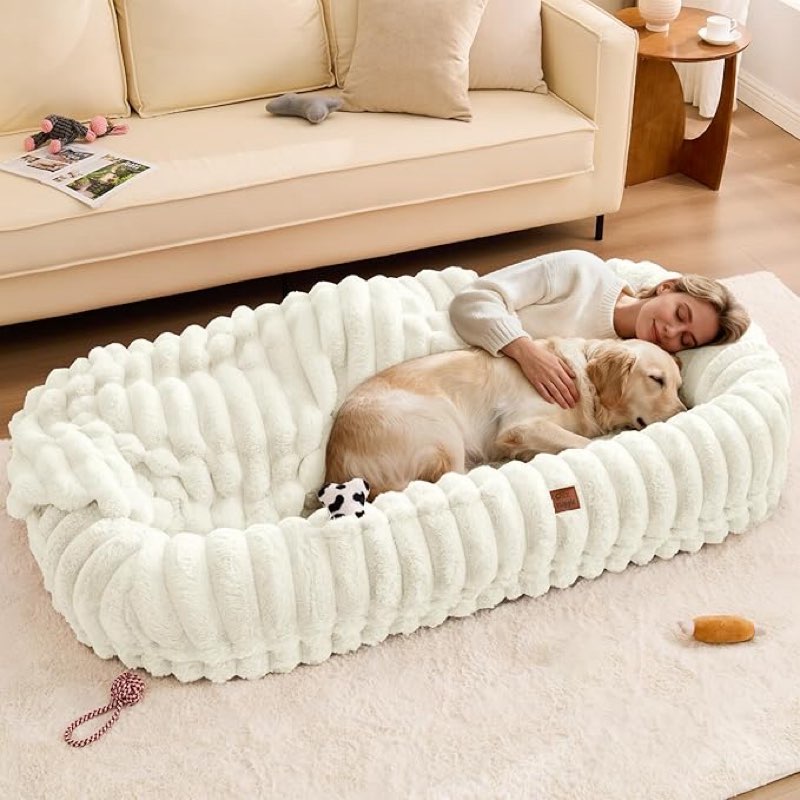 All For Pets Human Dog Bed for Adult - Luxury Striped Faux Fur Giant Dog Bed with Portable Handle, Egg Orthopedic Foam Pad with Thick Blanket, 72\\\\\\\"x40\\\\\\\"x10\\\\\\\", Striped Human Dog Bed?72*40*10?Beige 