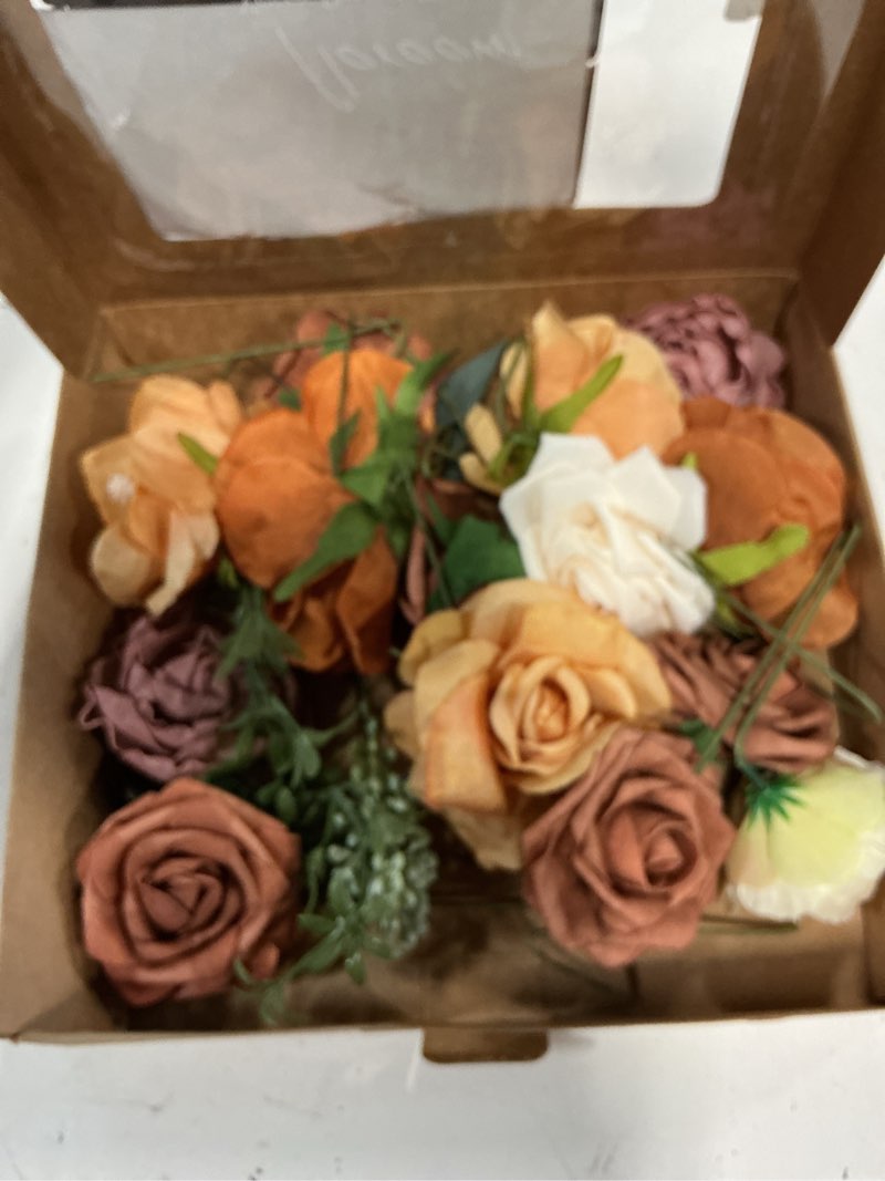 Condition photo showing New/Like New for terracotta artificial flowers burnt orange fake roses peonies dahlia greenery combo box set for diy wedding bouquets bridal shower centerpieces floral arrangements party tables home decoration